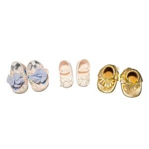 3 Pairs of Newborn Shoes Variety of Brands Blue Gold White Pink Cottagecore Gold